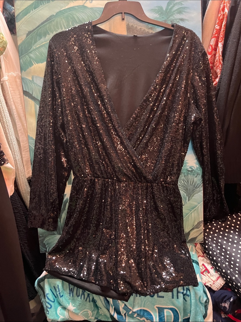 Black Sequin Wrap V-Neck Long Sleeve Dress XL